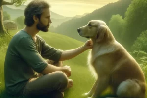 En la tranquilidad del parque, un hombre y su perro comparten un momento de profunda conexión, reflejando un entendimiento mutuo que trasciende las palabras.