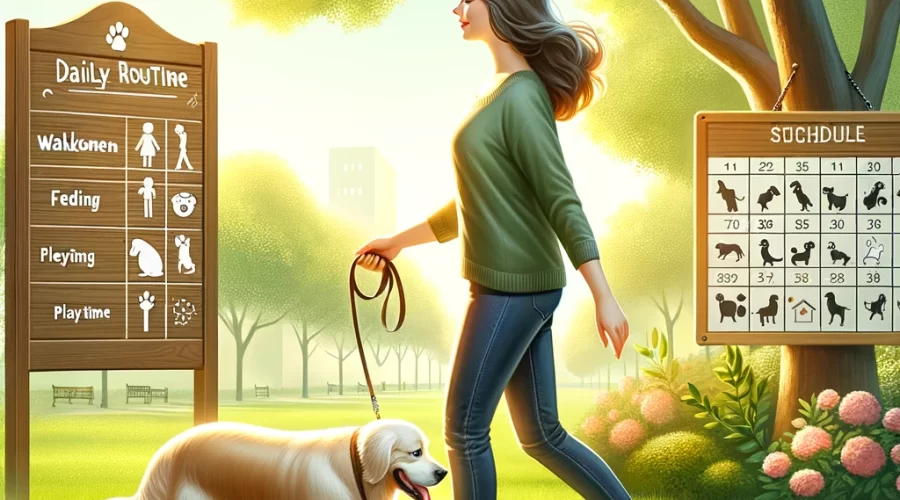 En la imagen, vemos una tranquila escena matutina donde una dueña sigue una rutina diaria con su perro en un parque. La dueña, una mujer de unos 30 años, camina con su Golden Retriever bien educado a lo largo de un sendero arbolado. El perro, calmado y atento, camina junto a su dueña, mostrando la importancia de las rutinas en la prevención de problemas de comportamiento.