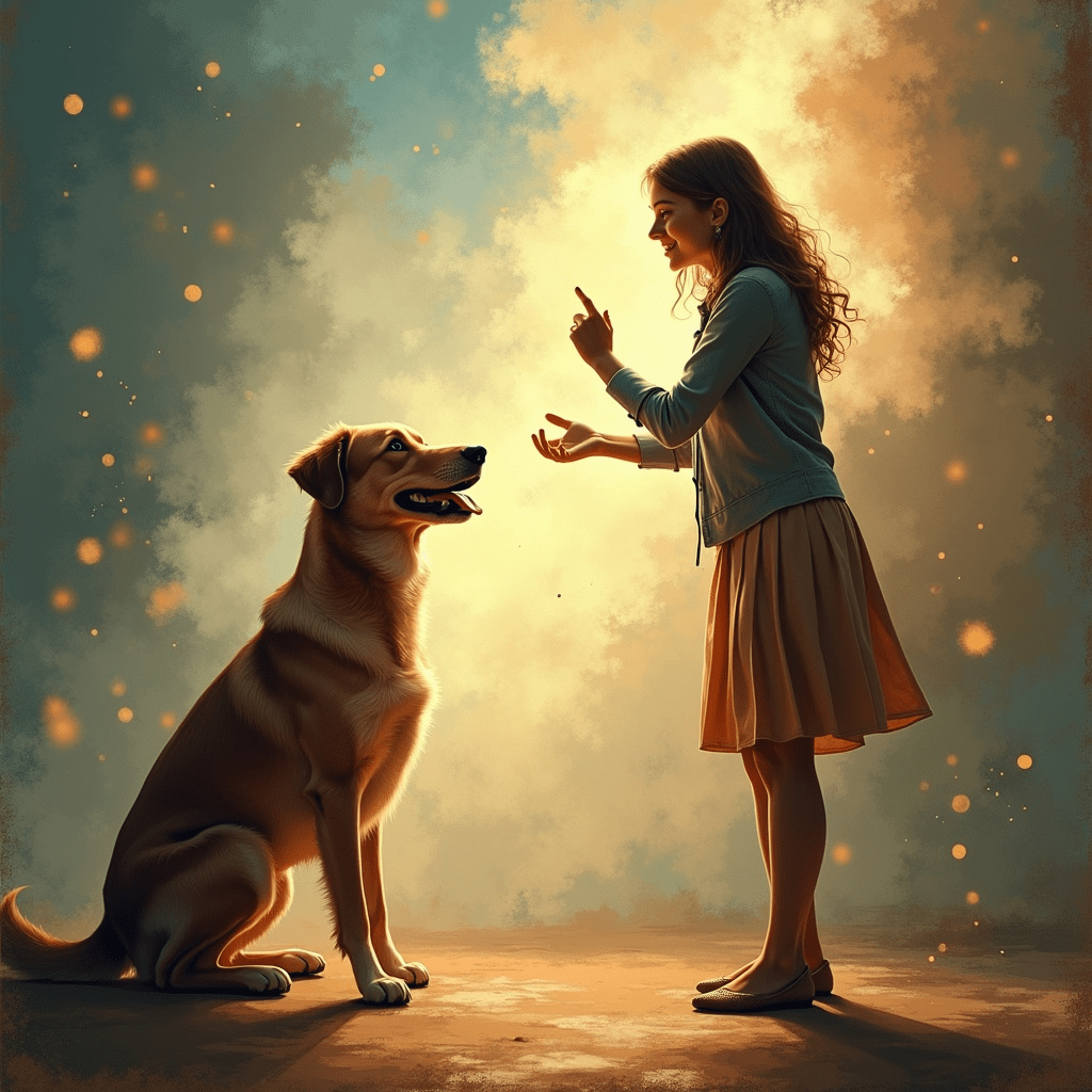 Ilustración de una mujer dando una señal con la mano a un perro sentado