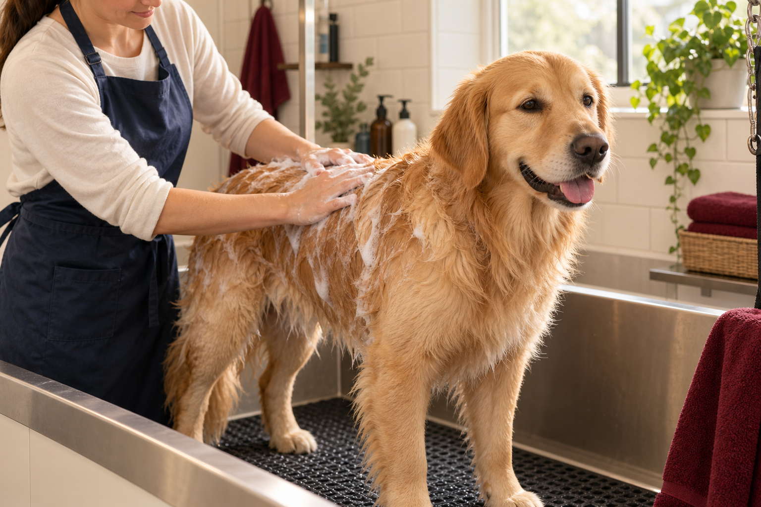 Imagen ilustrativa de un perro durante un baño cuidadoso